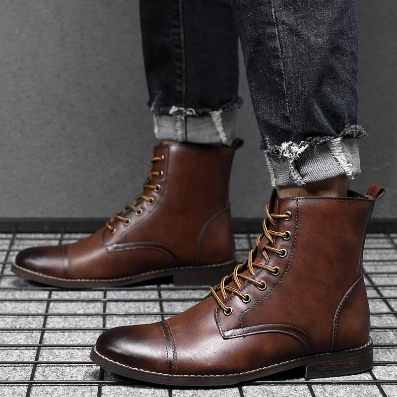 Botas de Cuero para Hombre de Tobillo Vintage Otoño Invierno Tallas Grandes Zapatos de Moda