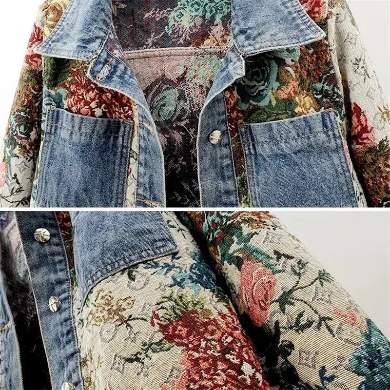 Chaqueta de mezclilla para mujer, primavera otoño, estampado, con solapa, de manga larga, corta