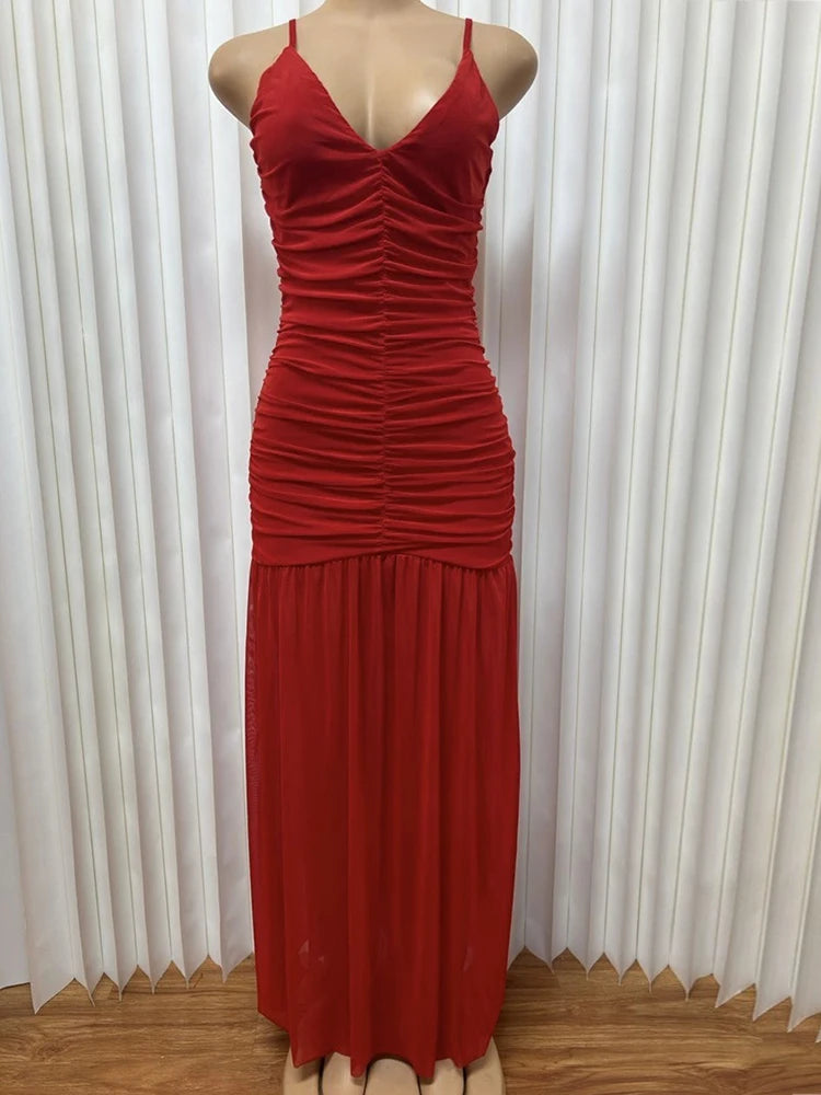 Vestido de Mujer Verano Escote en V Sin Mangas Plisado Malla Elegante Largo Tira Fina