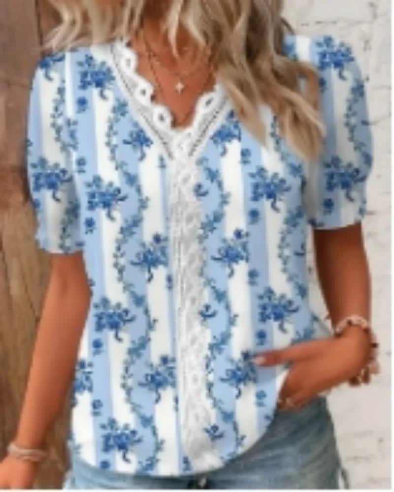Camisa Mujer Blusa de Verano con Escote en V Hueco Elegante Top de Jacquard a Rayas