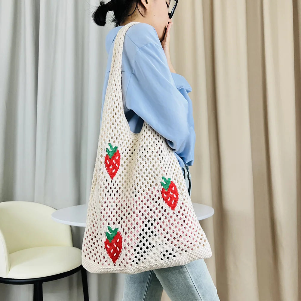 Bolso de Hombro de Crochet Fresa Cereza Grande Tote de Verano para Mujeres