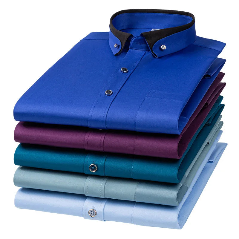 Camisa de vestir para hombre formal con botones, de negocios, antiarrugas, elástica y con bolsillo