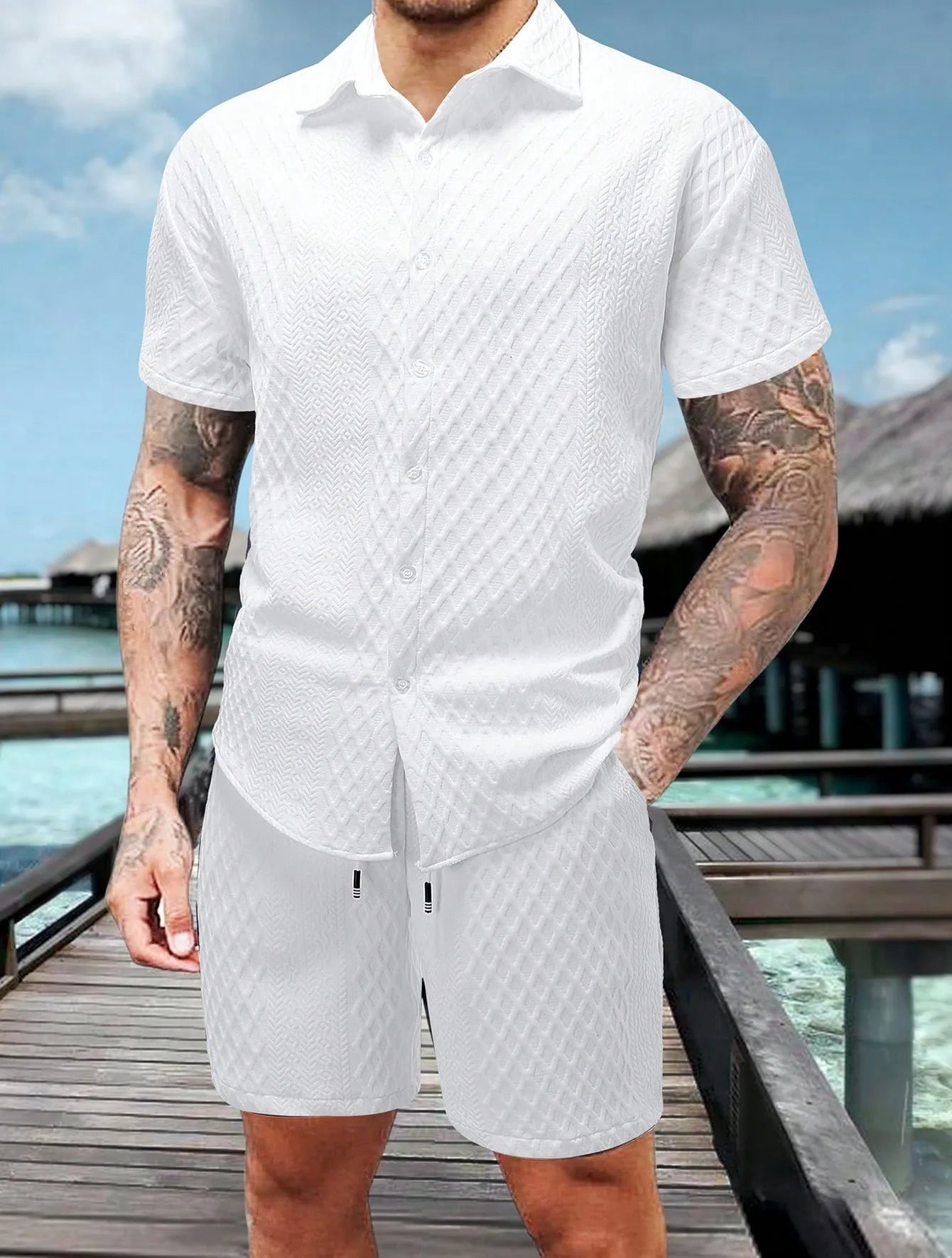 Conjunto de Corto de Manga Corta para Hombre Verano Color Sólido Moda 2025 Refrescante