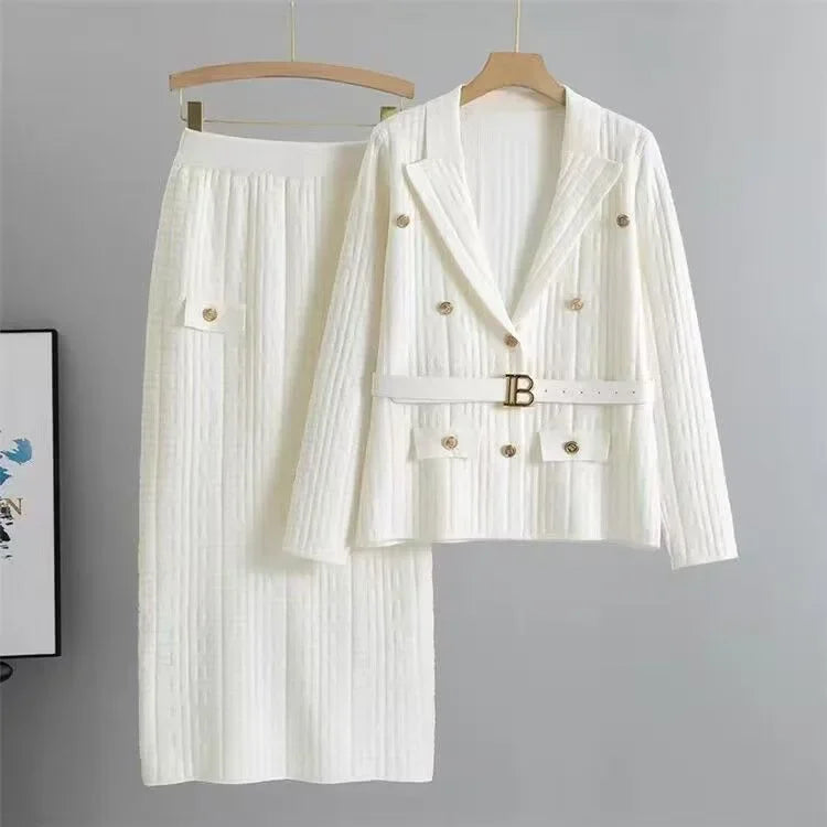 Conjunto de Chaqueta y Falda para Mujer, Tejido de Punto, Talla Grande, Moda de Primavera y Otoño