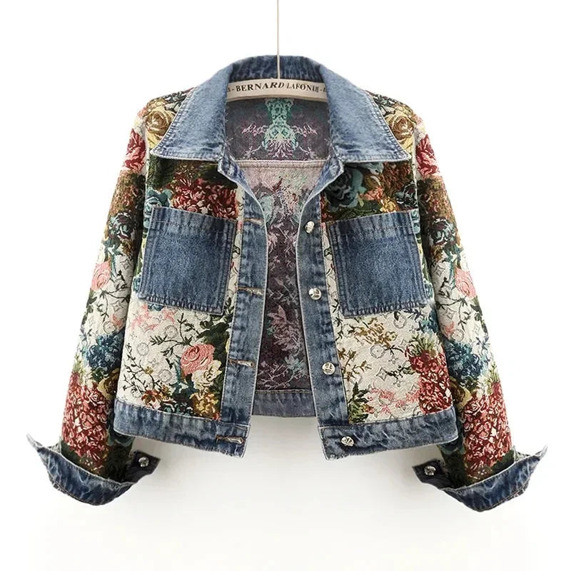 Chaqueta de mezclilla para mujer, primavera otoño, estampado, con solapa, de manga larga, corta