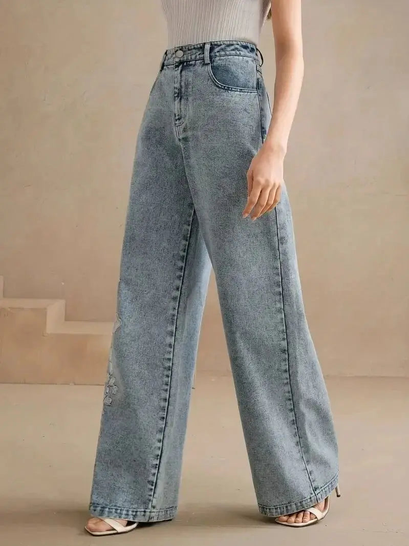 Jeans de mezclilla elásticos bordados de talla grande para mujer, pierna recta
