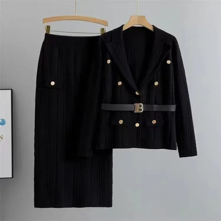 Conjunto de Chaqueta y Falda para Mujer, Tejido de Punto, Talla Grande, Moda de Primavera y Otoño