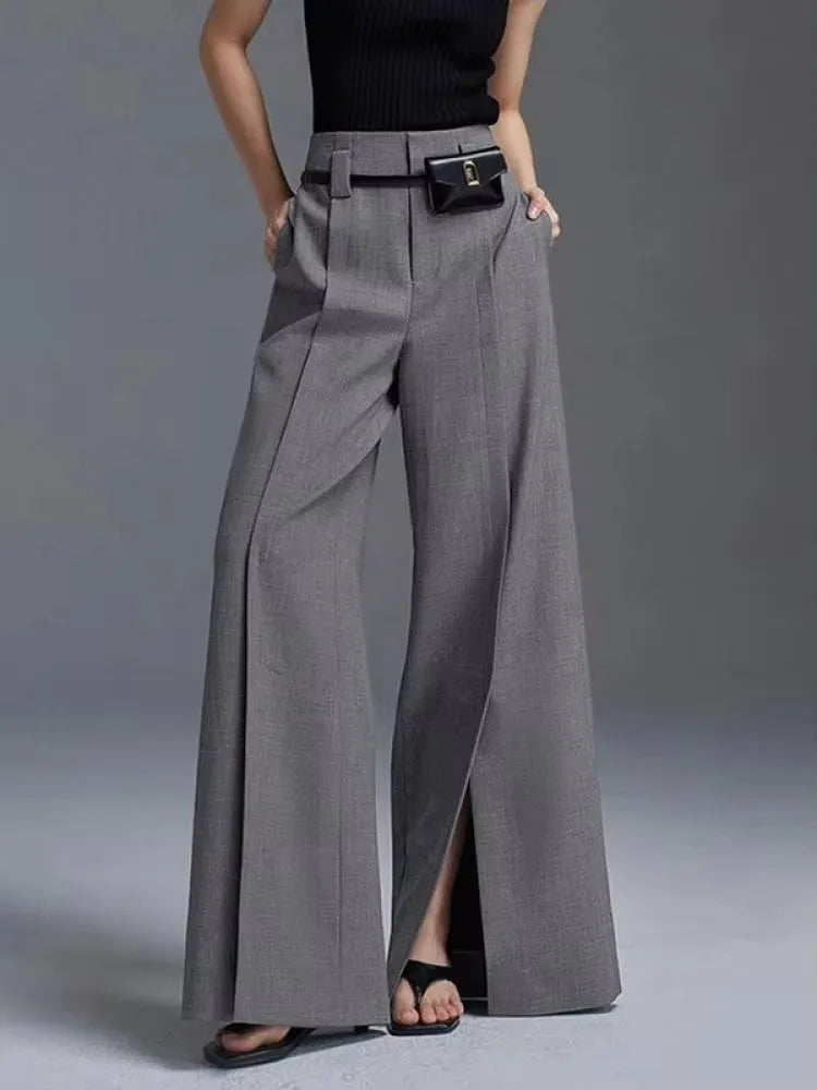 Pantalones de Traje de Negocios para Mujer de Cintura Alta, Negros y Blancos, Sueltos con Abertura Frontal