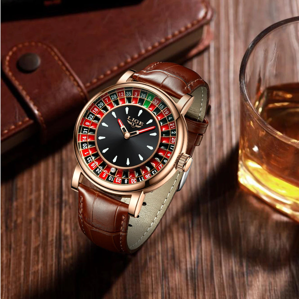 Reloj de Cuarzo para Hombre Diseño de Lujo con Ruleta Correa de Cuero Impermeable Regalo