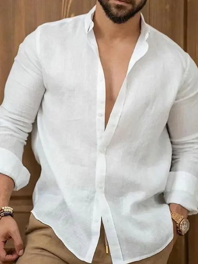 Camisa de Hombre Slim Fit de Algodón y Lino de Manga Larga Casual y Estilosa