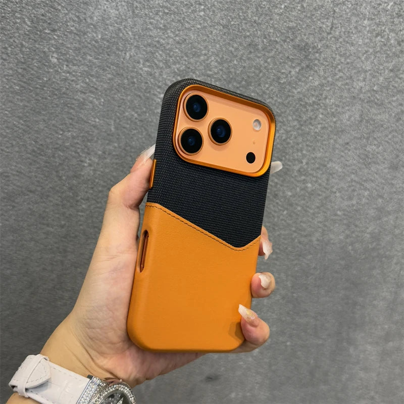 Funda para teléfono con bolsillo para tarjetas MagSafe de cuero de lino para iPhone 17 Pro Max inalámbrica