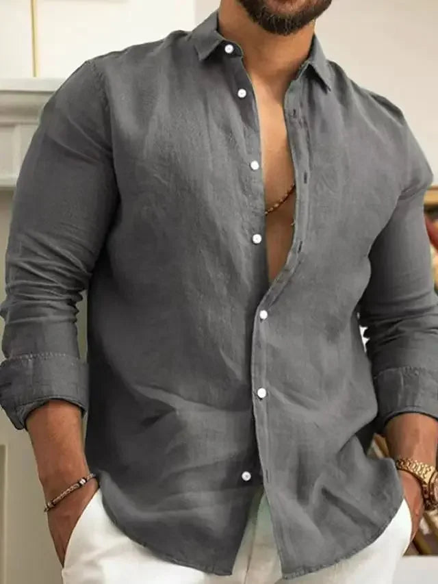 Camisa de Hombre Slim Fit de Algodón y Lino de Manga Larga Casual y Estilosa