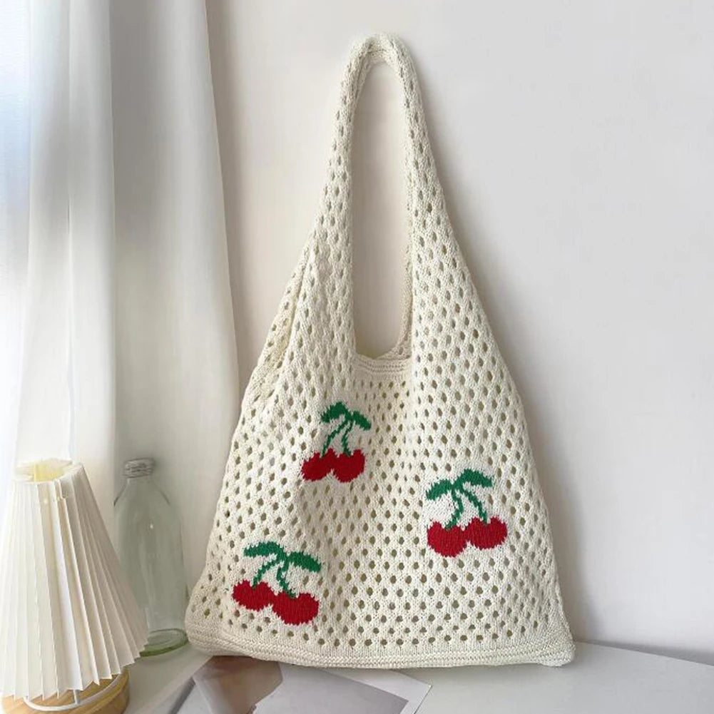 Bolso de Hombro de Crochet Fresa Cereza Grande Tote de Verano para Mujeres