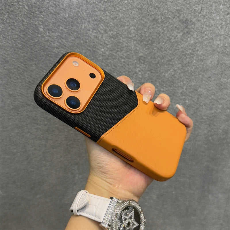 Funda para teléfono con bolsillo para tarjetas MagSafe de cuero de lino para iPhone 17 Pro Max inalámbrica