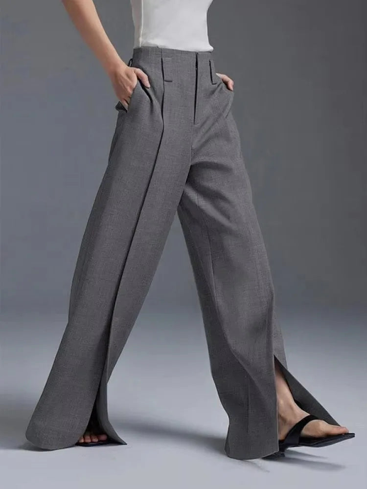 Pantalones de Traje de Negocios para Mujer de Cintura Alta, Negros y Blancos, Sueltos con Abertura Frontal