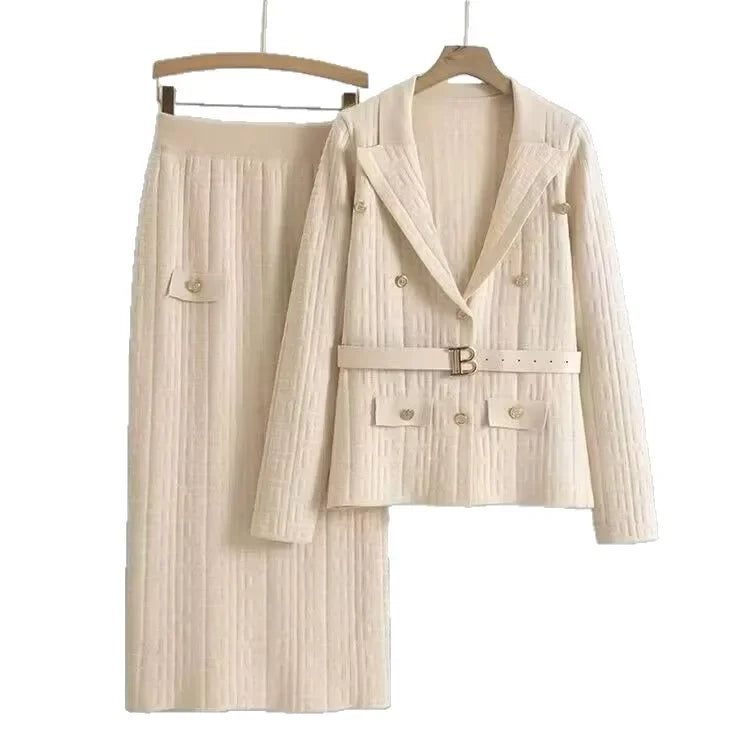 Conjunto de Chaqueta y Falda para Mujer, Tejido de Punto, Talla Grande, Moda de Primavera y Otoño