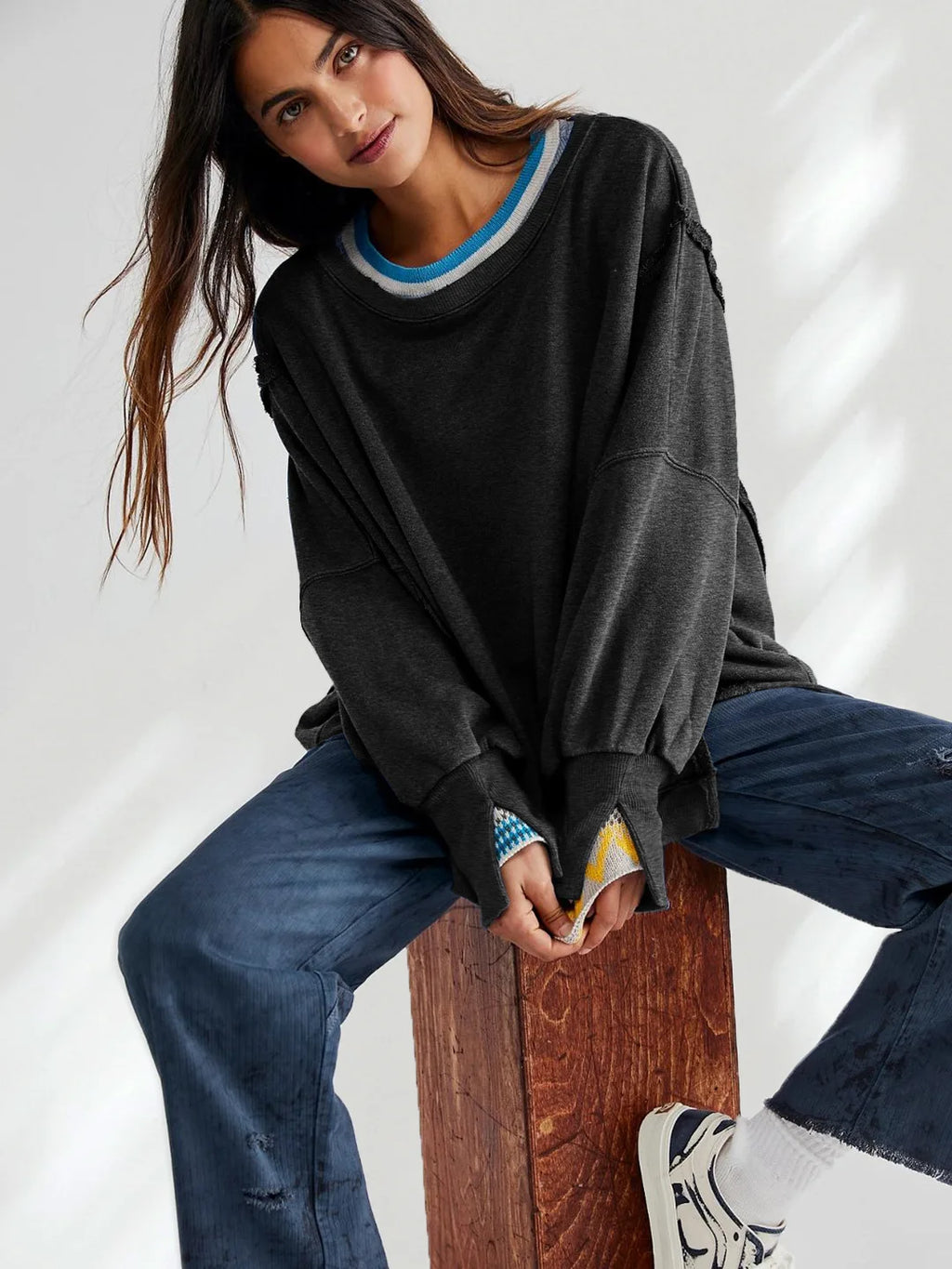 Sudadera de Mujer con Cuello Redondo Sólida Retro de Manga Larga Conjunto Deportivo