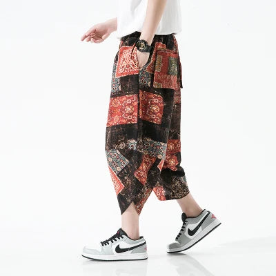 Pantalones de playa para hombre con estampado casual estilo étnico de pierna ancha hasta el tobillo 2023