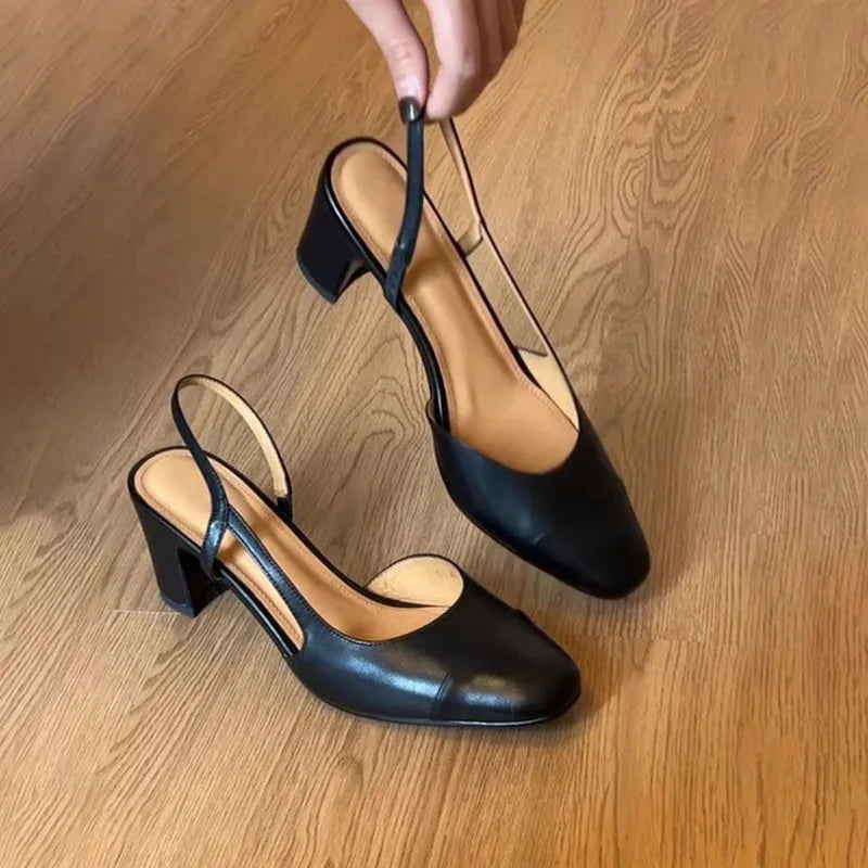 Sandalias de Tacón Chunky para Mujer con Tira en el Tobillo, de Cuero de Vaca, Slip-On, Tallas 35-39