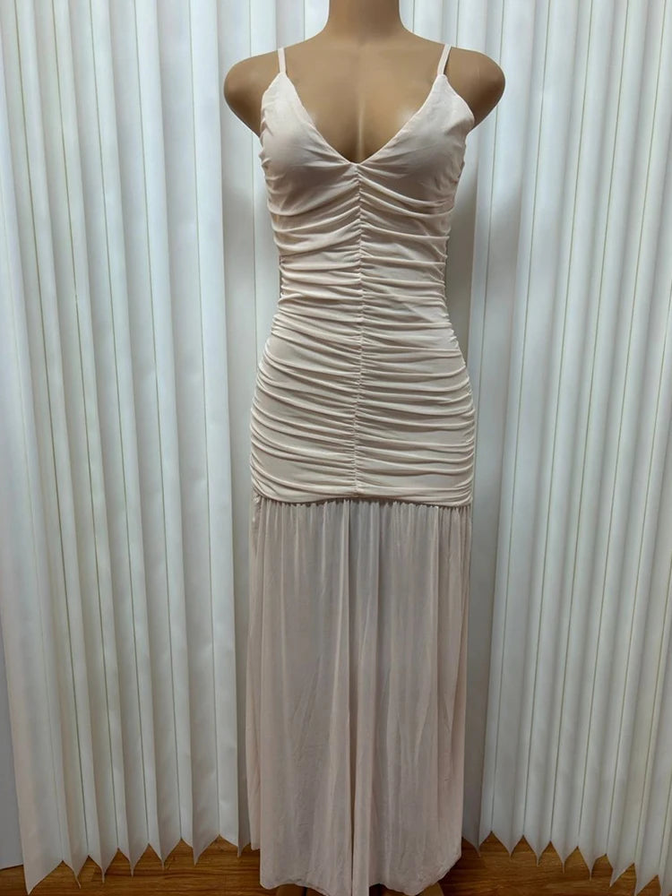 Vestido de Mujer Verano Escote en V Sin Mangas Plisado Malla Elegante Largo Tira Fina