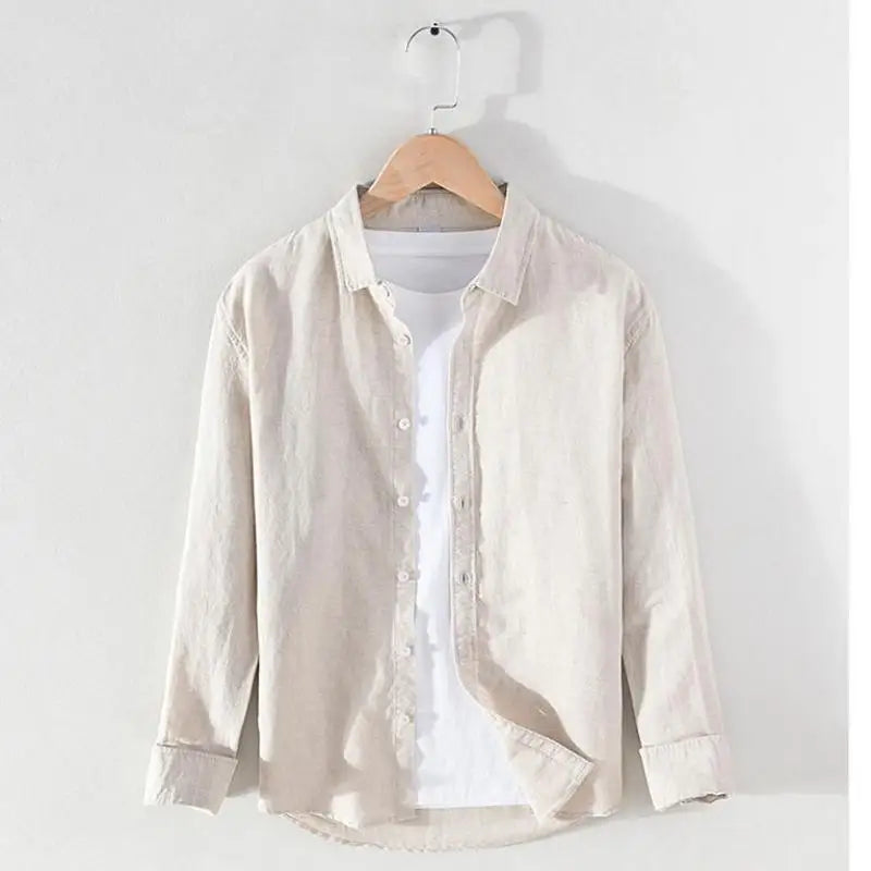 Camisas de Lino para Hombre Vintage con Cuello Alto de Manga Larga M-3XL Streetwear