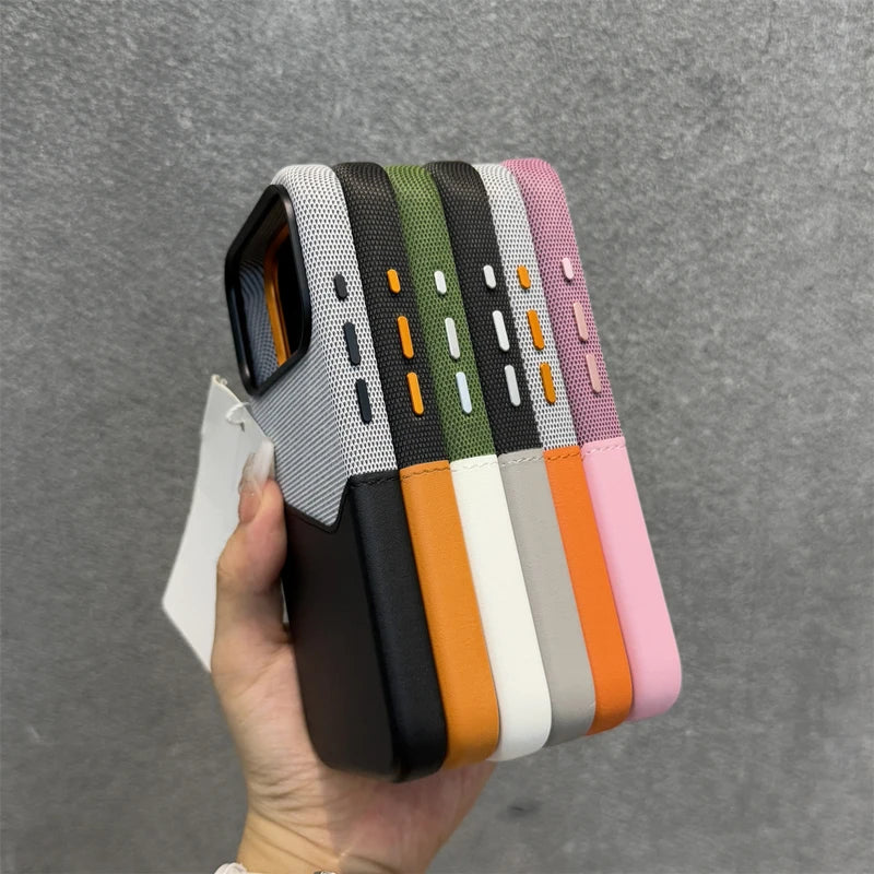 Funda para teléfono con bolsillo para tarjetas MagSafe de cuero de lino para iPhone 17 Pro Max inalámbrica