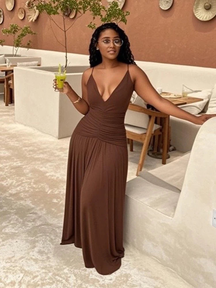 Vestido de Mujer Verano Escote en V Sin Mangas Plisado Malla Elegante Largo Tira Fina