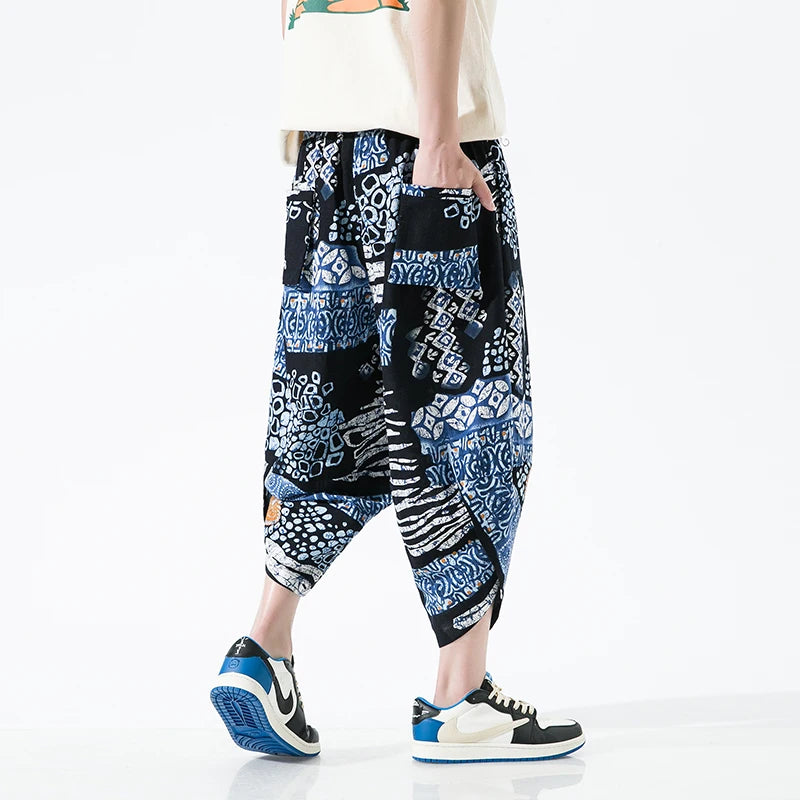 Pantalones de playa para hombre con estampado casual estilo étnico de pierna ancha hasta el tobillo 2023