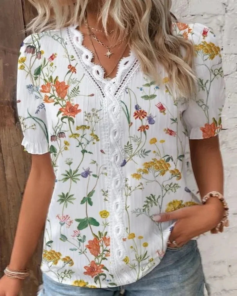 Camisa Mujer Blusa de Verano con Escote en V Hueco Elegante Top de Jacquard a Rayas