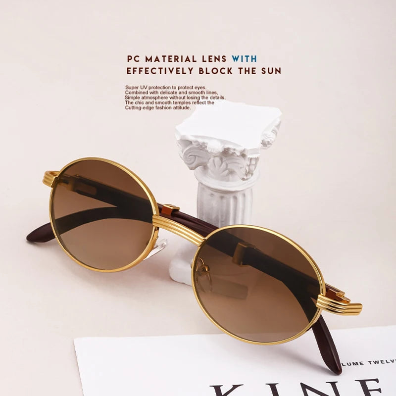 Gafas de sol ovaladas de madera vintage de lujo unisex de moda 2024