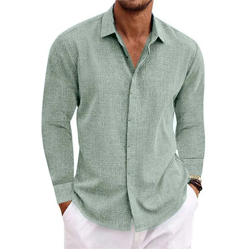 Camisa de Hombre de Lino de Manga Larga Suelta de Algodón Sólido Talla Grande Moda