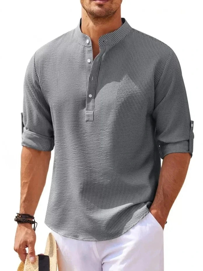 Camisa de Hombre de Manga Larga de Algodón y Lino Casual con Cuello Alto Tallas Grandes M-4XL