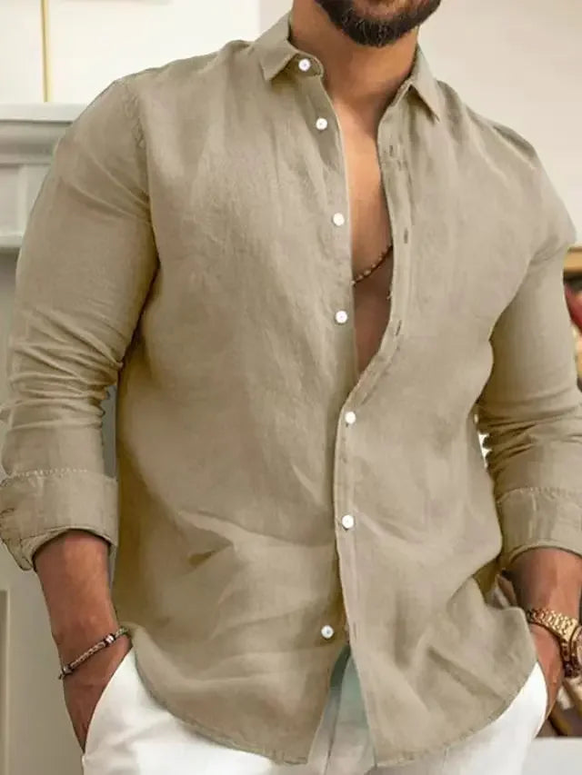 Camisa de Hombre Slim Fit de Algodón y Lino de Manga Larga Casual y Estilosa