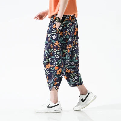 Pantalones de playa para hombre con estampado casual estilo étnico de pierna ancha hasta el tobillo 2023