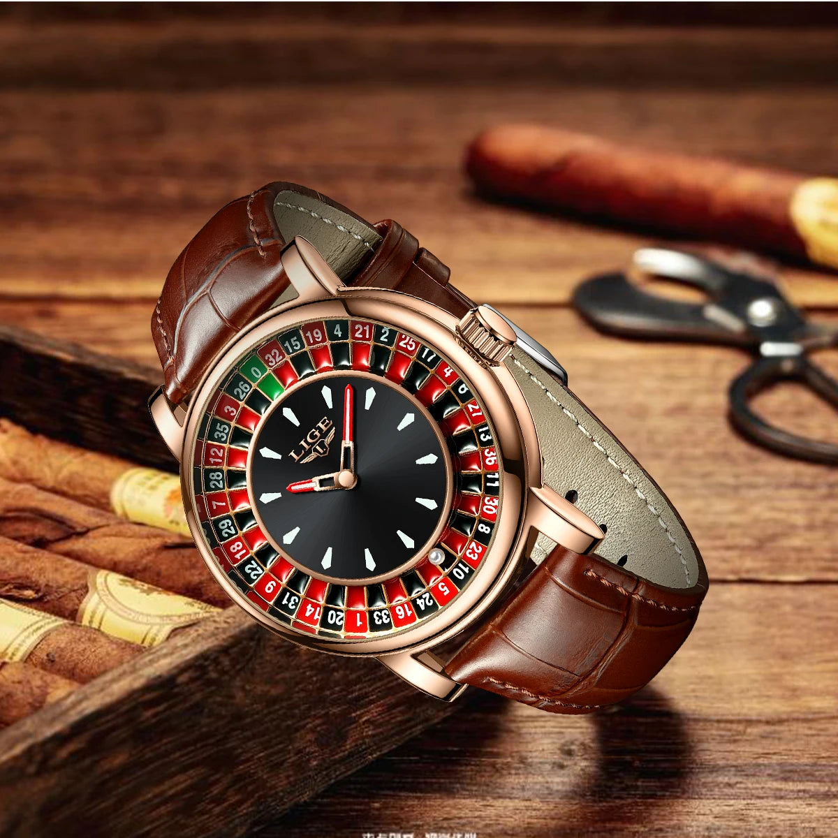 Reloj de Cuarzo para Hombre Diseño de Lujo con Ruleta Correa de Cuero Impermeable Regalo