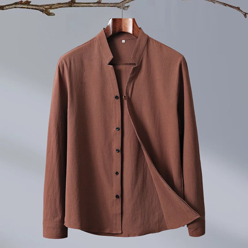 Camisa de Manga Larga para Hombre 2024 Verano, Cuello Chino, Casual Retro
