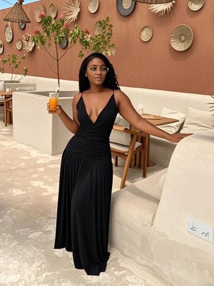 Vestido de Mujer Verano Escote en V Sin Mangas Plisado Malla Elegante Largo Tira Fina