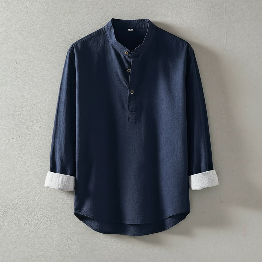 Camisa de Manga Larga de Lino para Hombre con Cuello Alto, Top Casual Suelto de Playa 2024