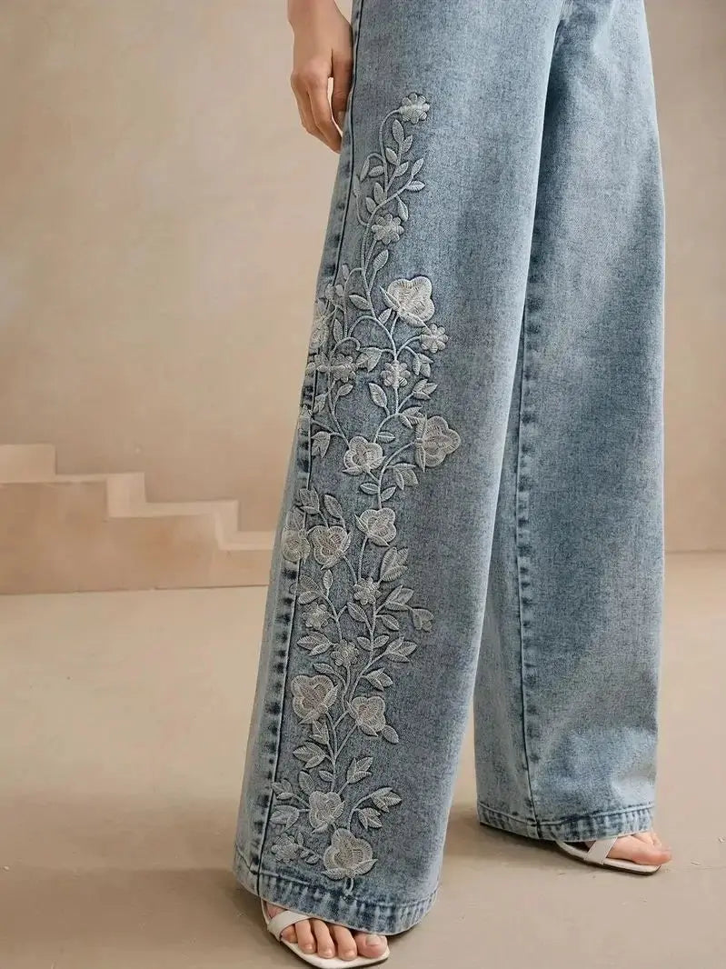 Jeans de mezclilla elásticos bordados de talla grande para mujer, pierna recta