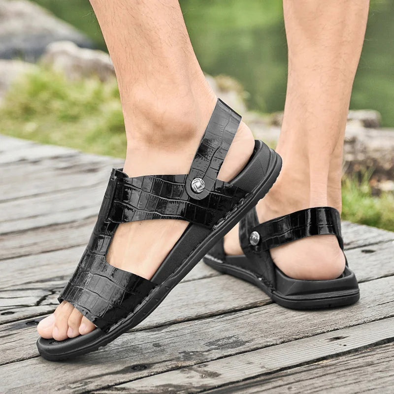 Sandalias de Hombre de Cuero Abiertas Playa Suela Blanda Romanas Casual Duraderas Negras