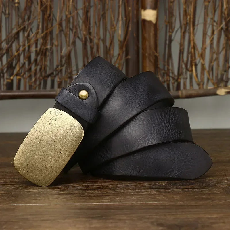 Cinturón de Cuero para Hombre 3.3cm con Hebilla de Latón de Piel de Vaca, Correa de Diseñador para Jeans