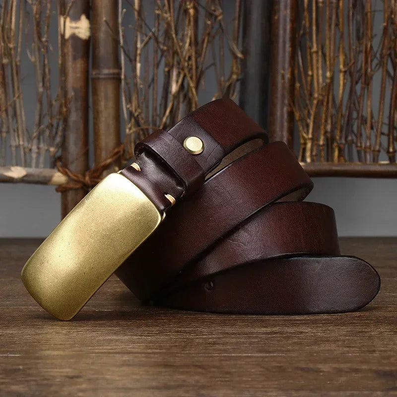 Cinturón de Cuero para Hombre 3.3cm con Hebilla de Latón de Piel de Vaca, Correa de Diseñador para Jeans