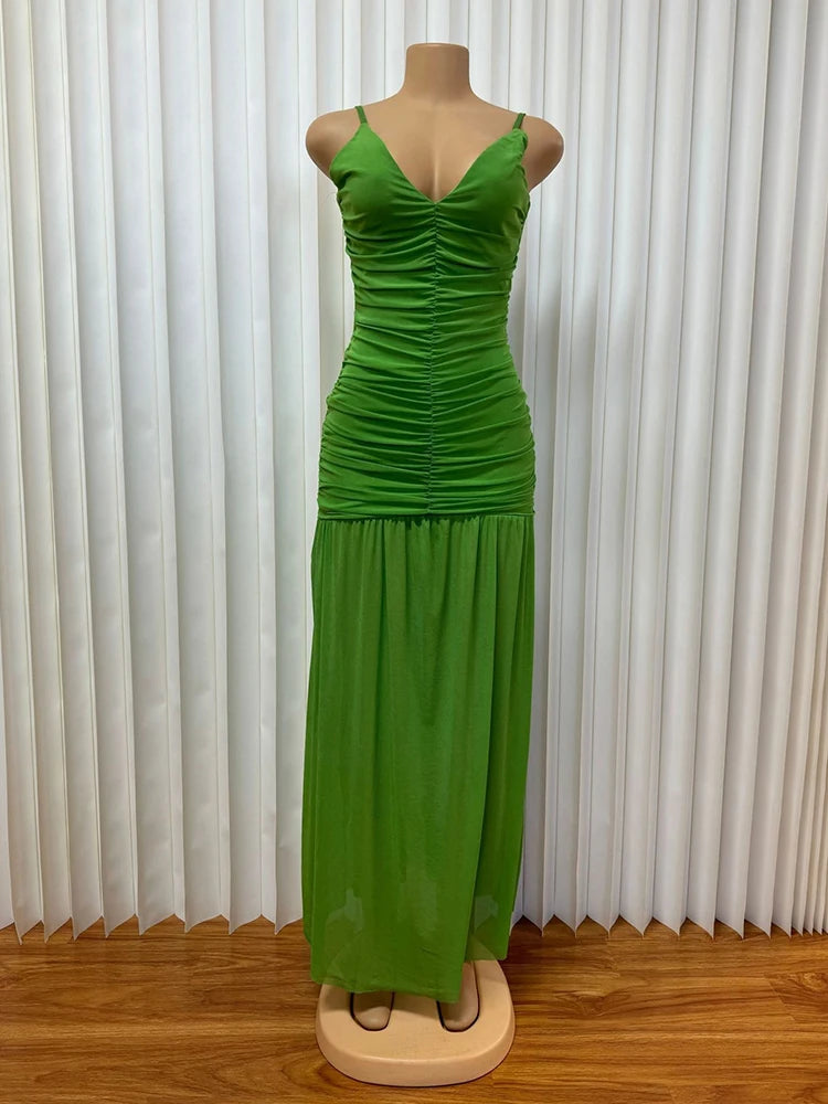 Vestido de Mujer Verano Escote en V Sin Mangas Plisado Malla Elegante Largo Tira Fina