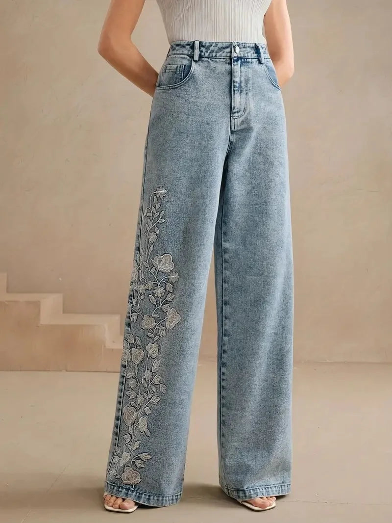 Jeans de mezclilla elásticos bordados de talla grande para mujer, pierna recta