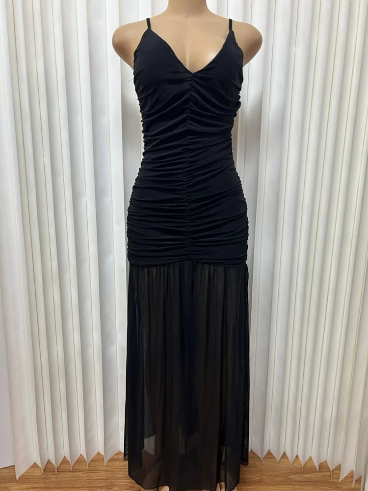 Vestido de Mujer Verano Escote en V Sin Mangas Plisado Malla Elegante Largo Tira Fina