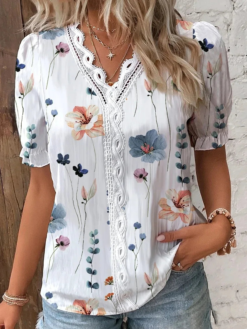 Camisa Mujer Blusa de Verano con Escote en V Hueco Elegante Top de Jacquard a Rayas