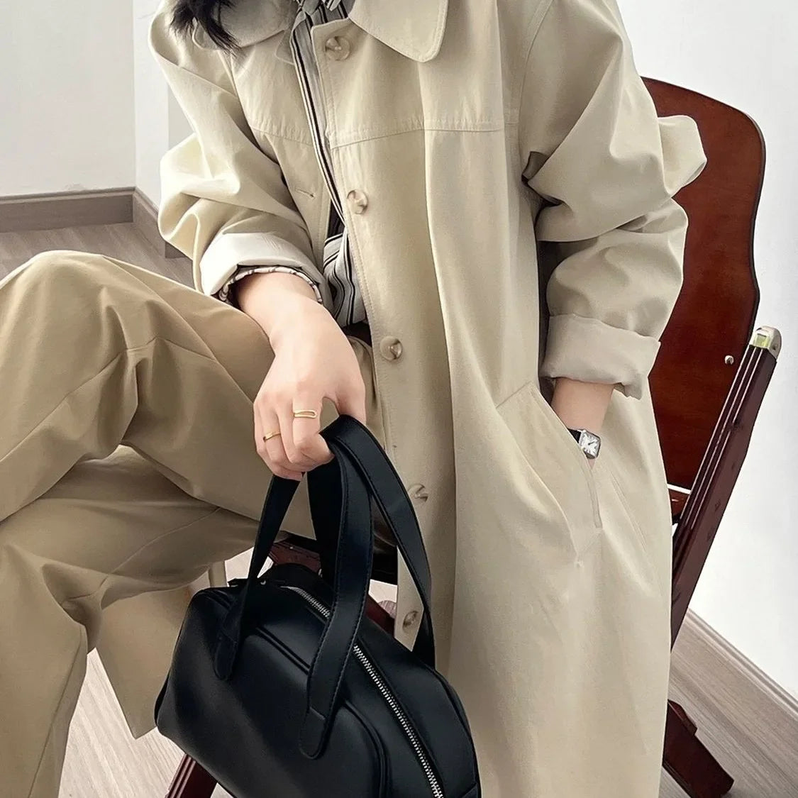 Abrigo Trench para Mujer Estilo Británico Retro Ropa de Trabajo Casual Midi Tallas Pequeñas