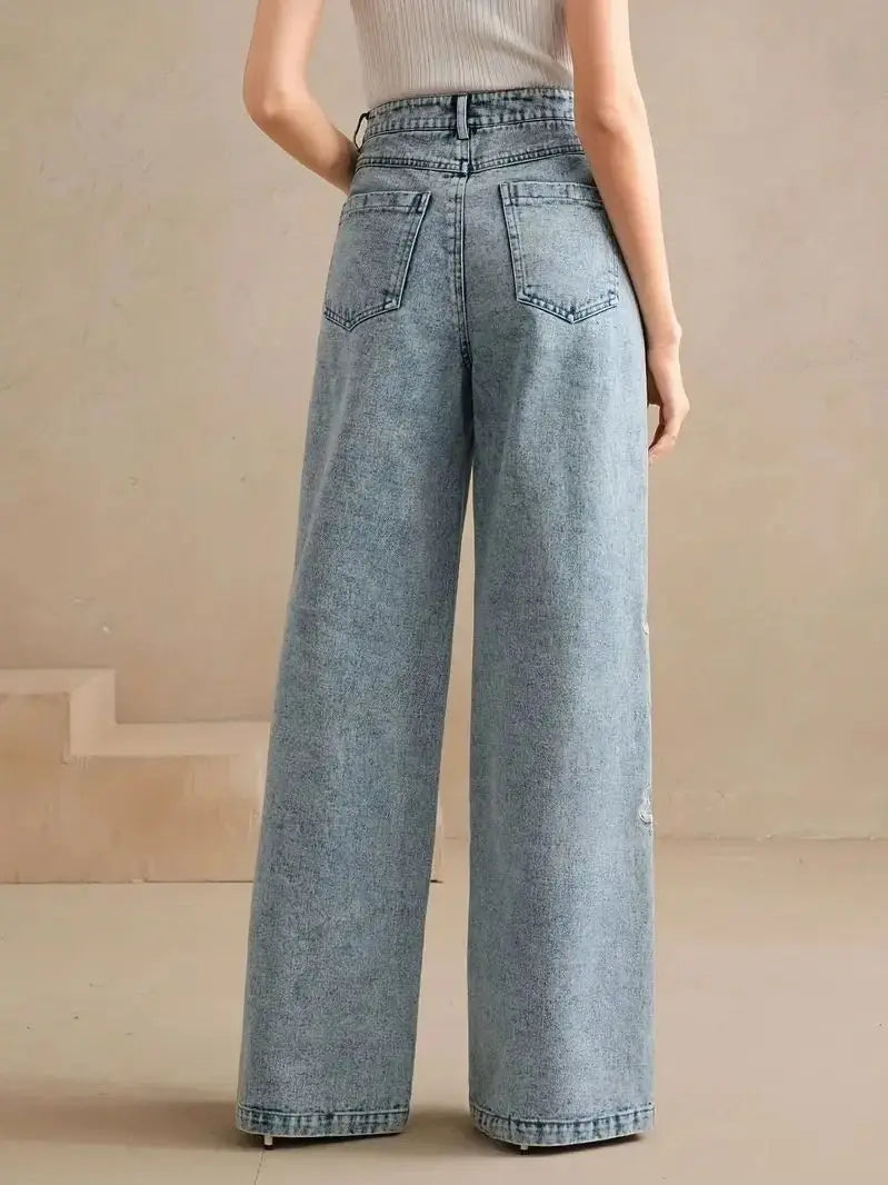 Jeans de mezclilla elásticos bordados de talla grande para mujer, pierna recta