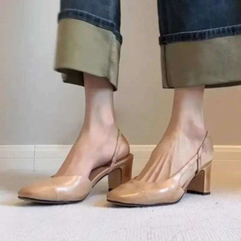 Sandalias de Tacón Chunky para Mujer con Tira en el Tobillo, de Cuero de Vaca, Slip-On, Tallas 35-39