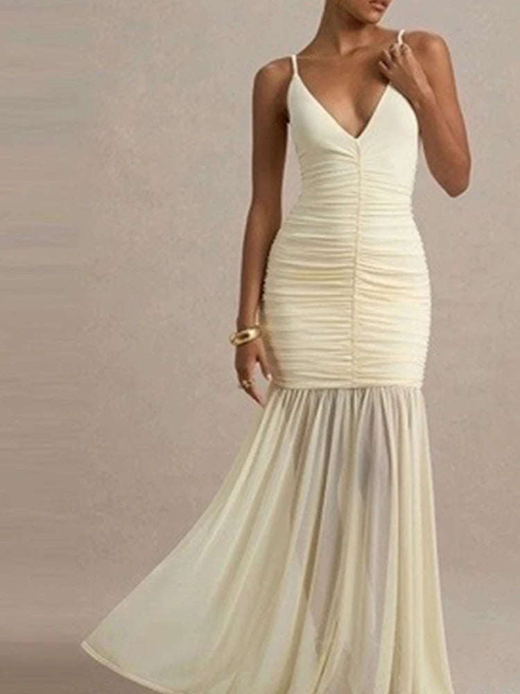 Vestido de Mujer Verano Escote en V Sin Mangas Plisado Malla Elegante Largo Tira Fina